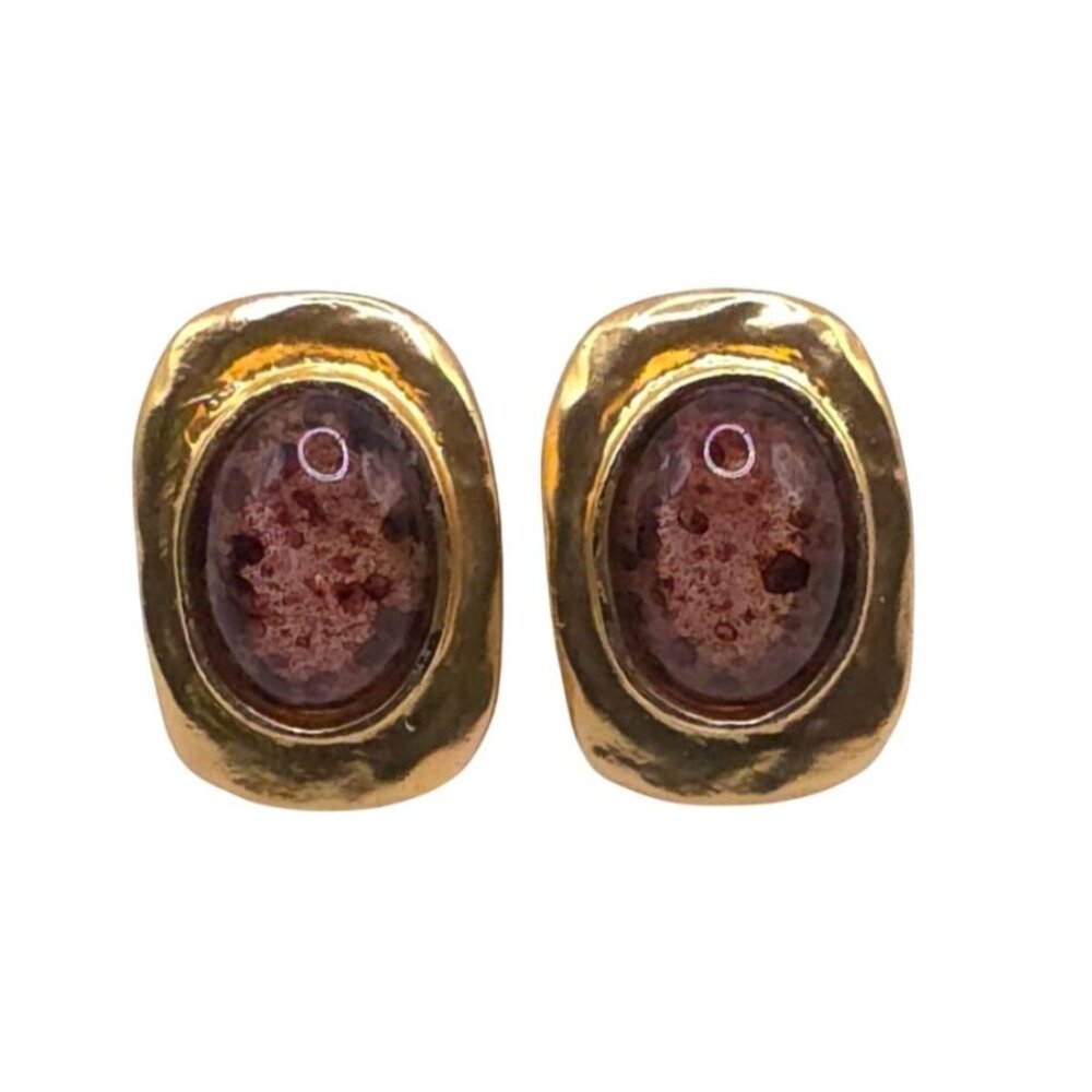 Vintage Gold-Tone Clip-On Earrings With Red Stone Cabochons Oval Shape - Picture 1 of 4